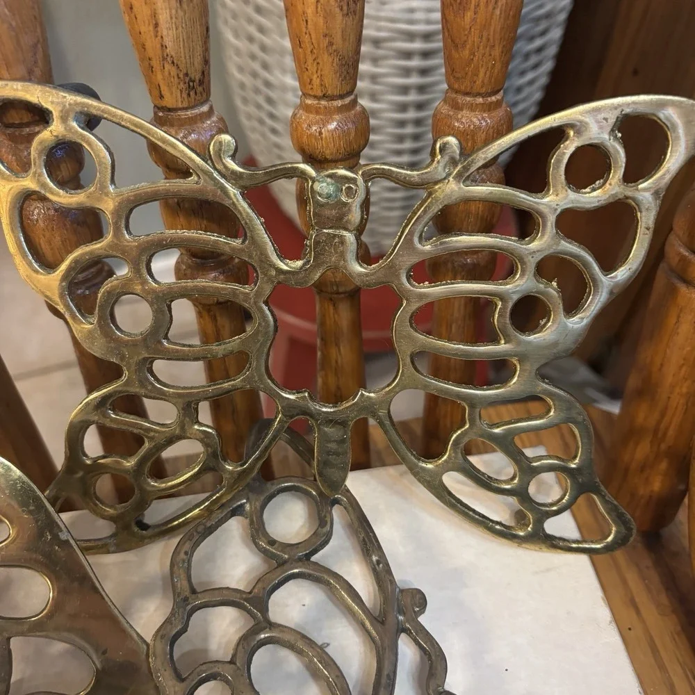 Vintage Patinated Four Brass‎ Butterflies, Trivets Wall Hangings Made In Taiwan